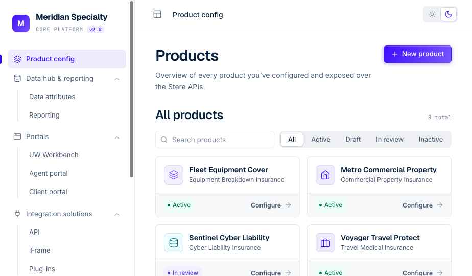 Stere Core Platform — product configuration screen listing configured insurance products exposed over the Stere APIs