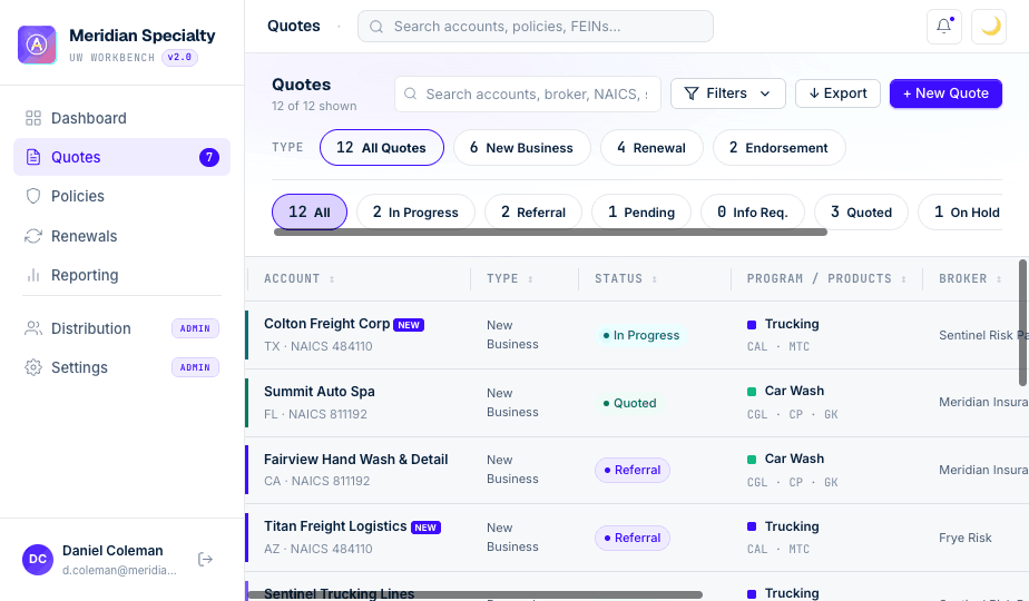 Stere Underwriting Workbench submissions queue — accounts triaged by type, status, program and broker with risk-scoring pills